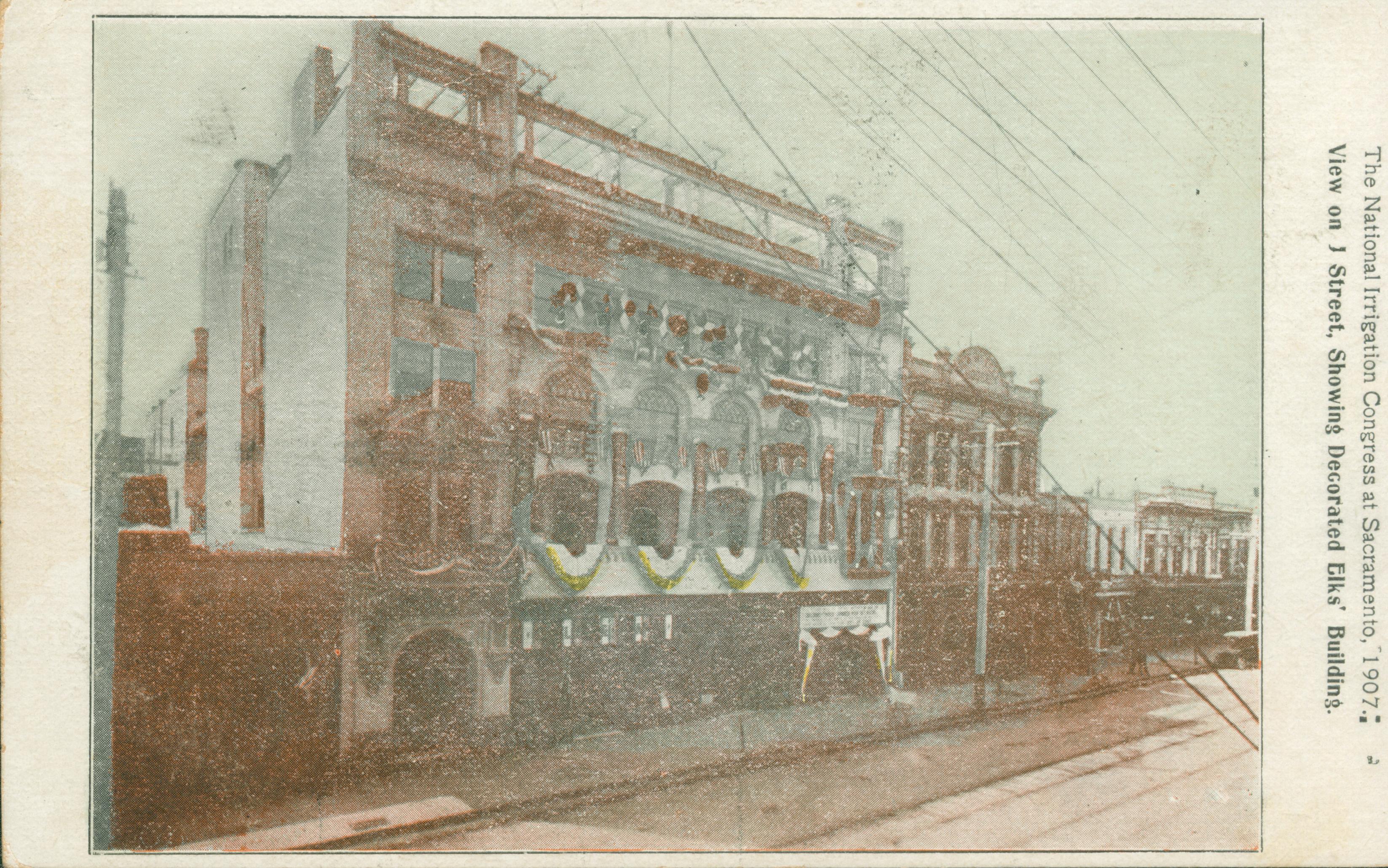 This postcard shows the front façade of the Elks' building in Sacramento.